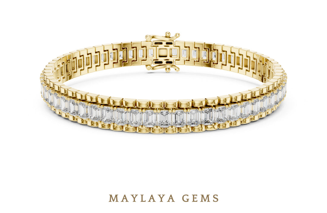 Maylaya Gems emerald bar-link tennis lab-grown diamond bracelet in yellow gold