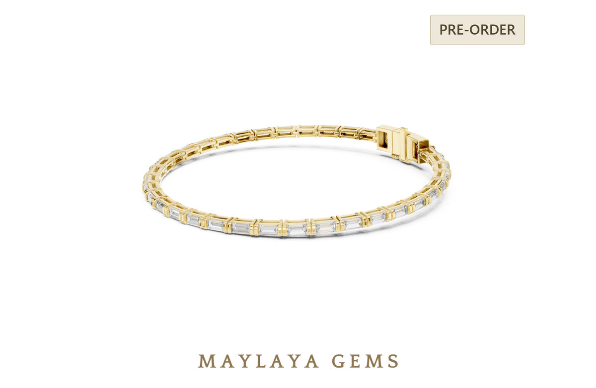 Maylaya gems baguette slim bar set tennis lab grown diamond bracelet in yellow gold