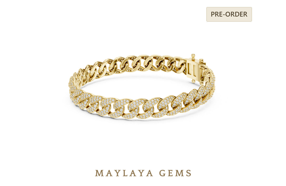 Maylaya gems round pave cuban link lab grown diamond bracelet in yellow gold