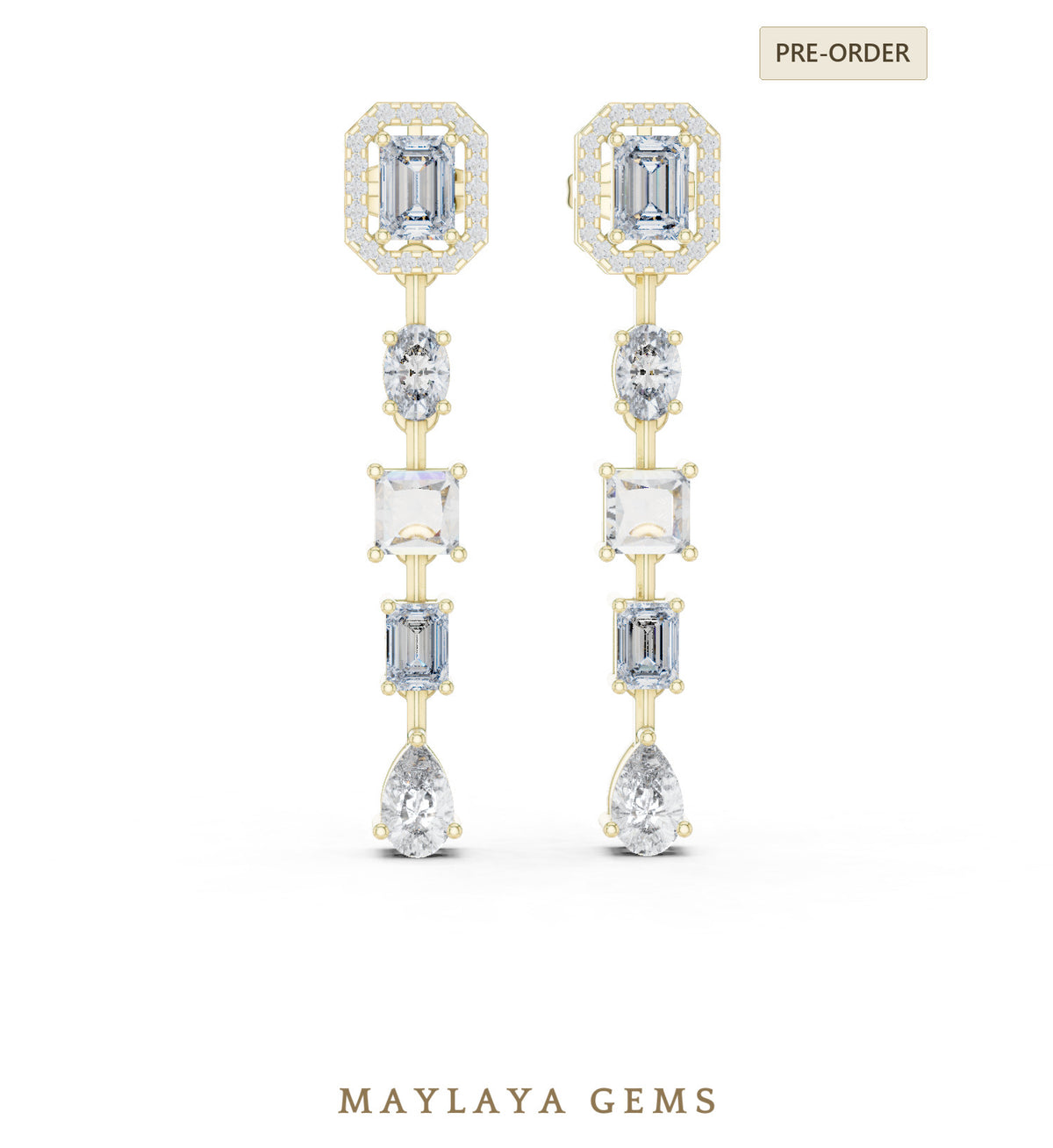 Maylaya gems mixed cut linear drop lab grown diamond earrings in yellow gold