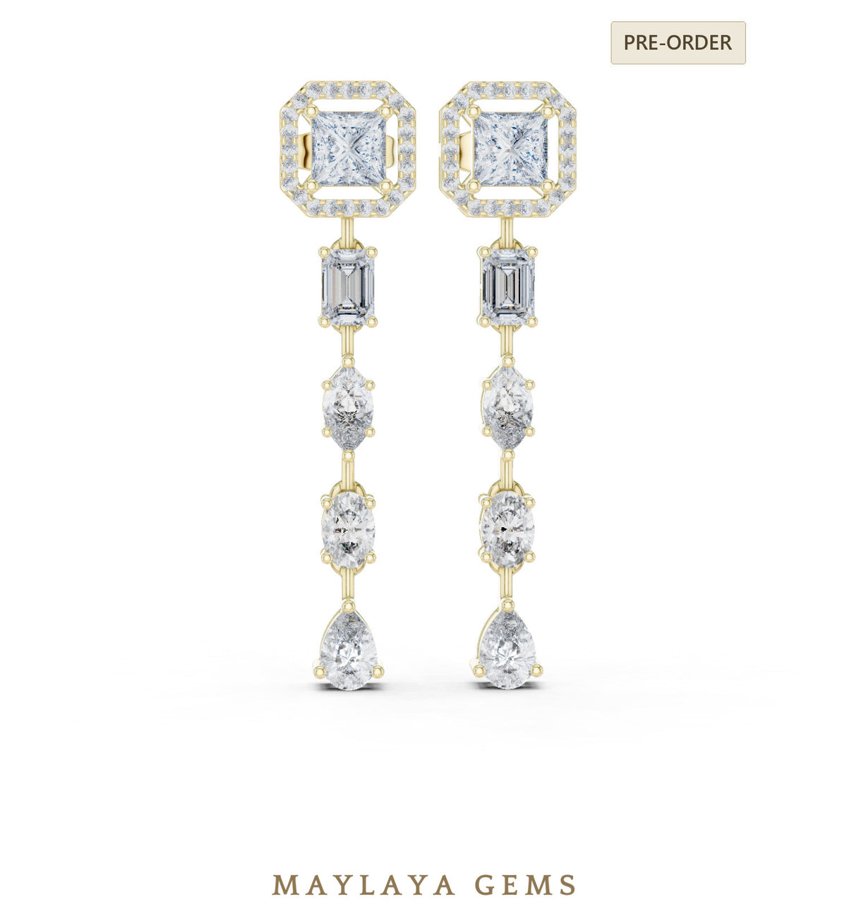 Maylaya gems princess halo mixed cut drop lab grown diamond earrings in yellow gold