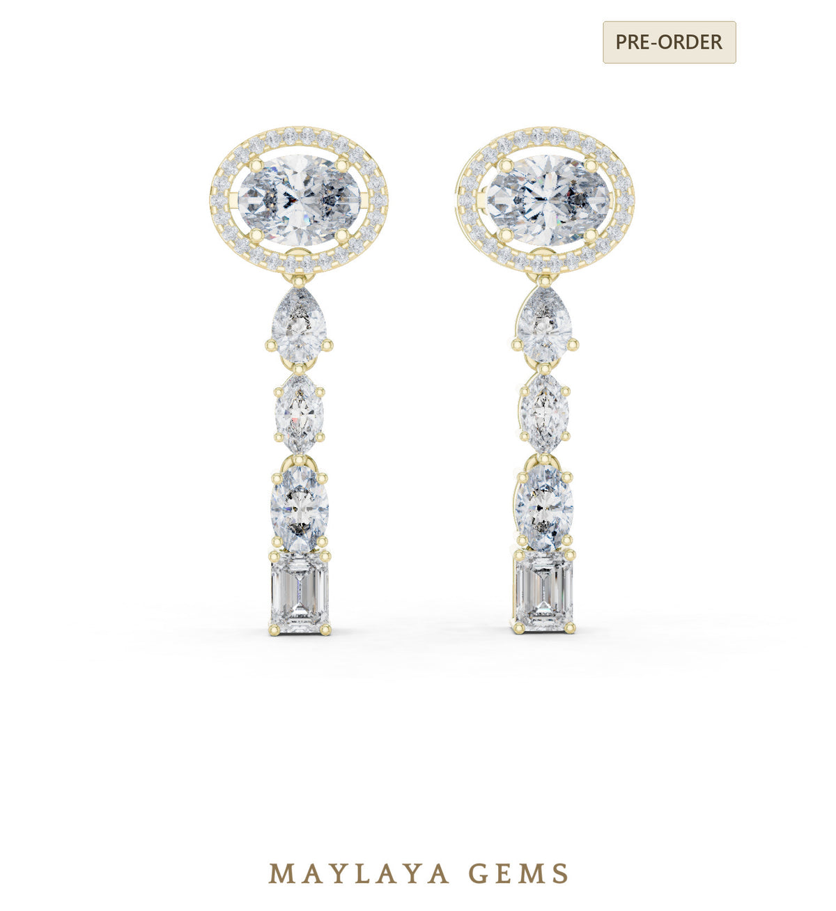 Maylaya gems oval halo mixed cut drop lab grown diamond earrings in yellow gold