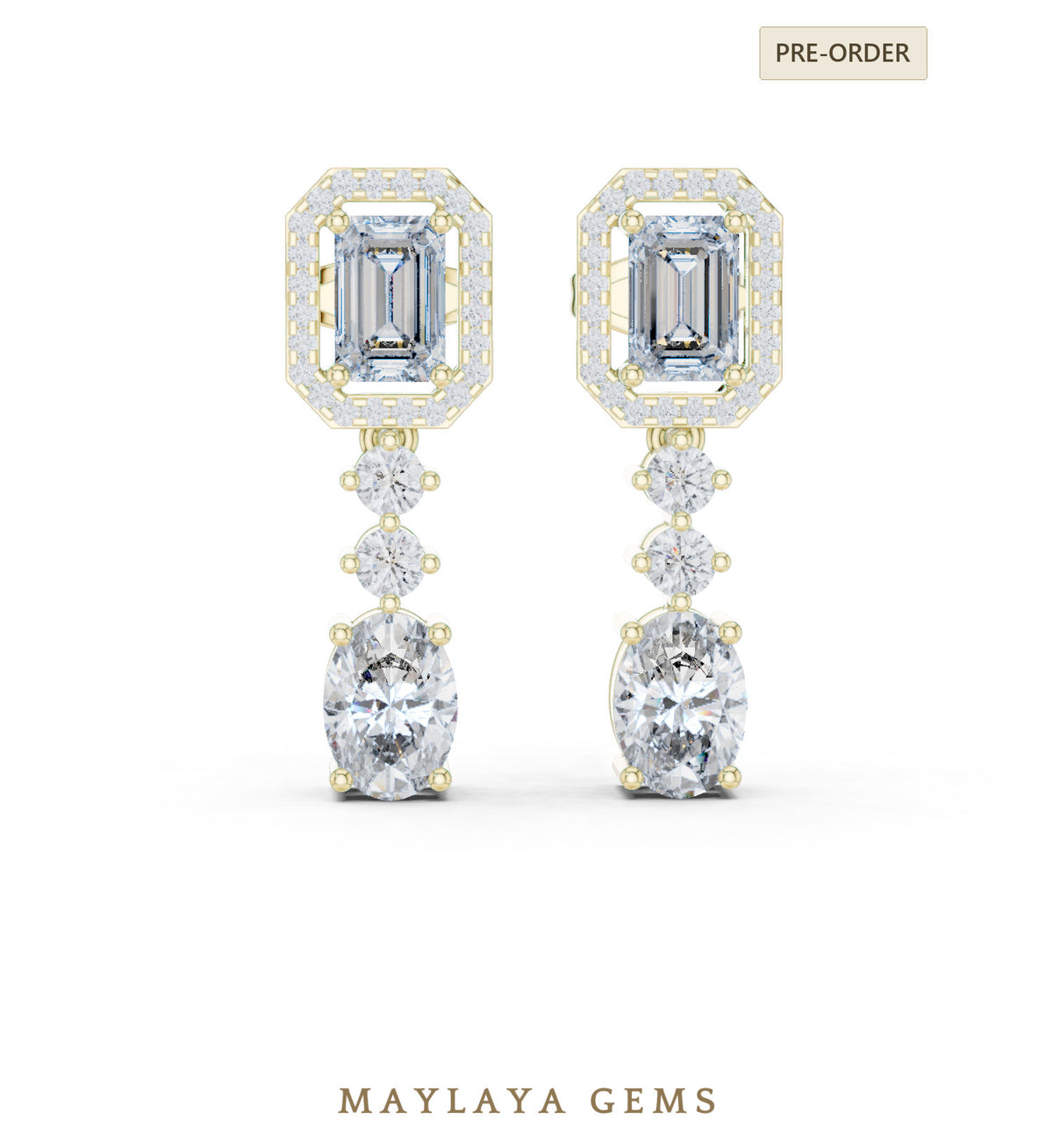 Maylaya gems emerald halo oval drop lab grown diamond earrings in yellow gold