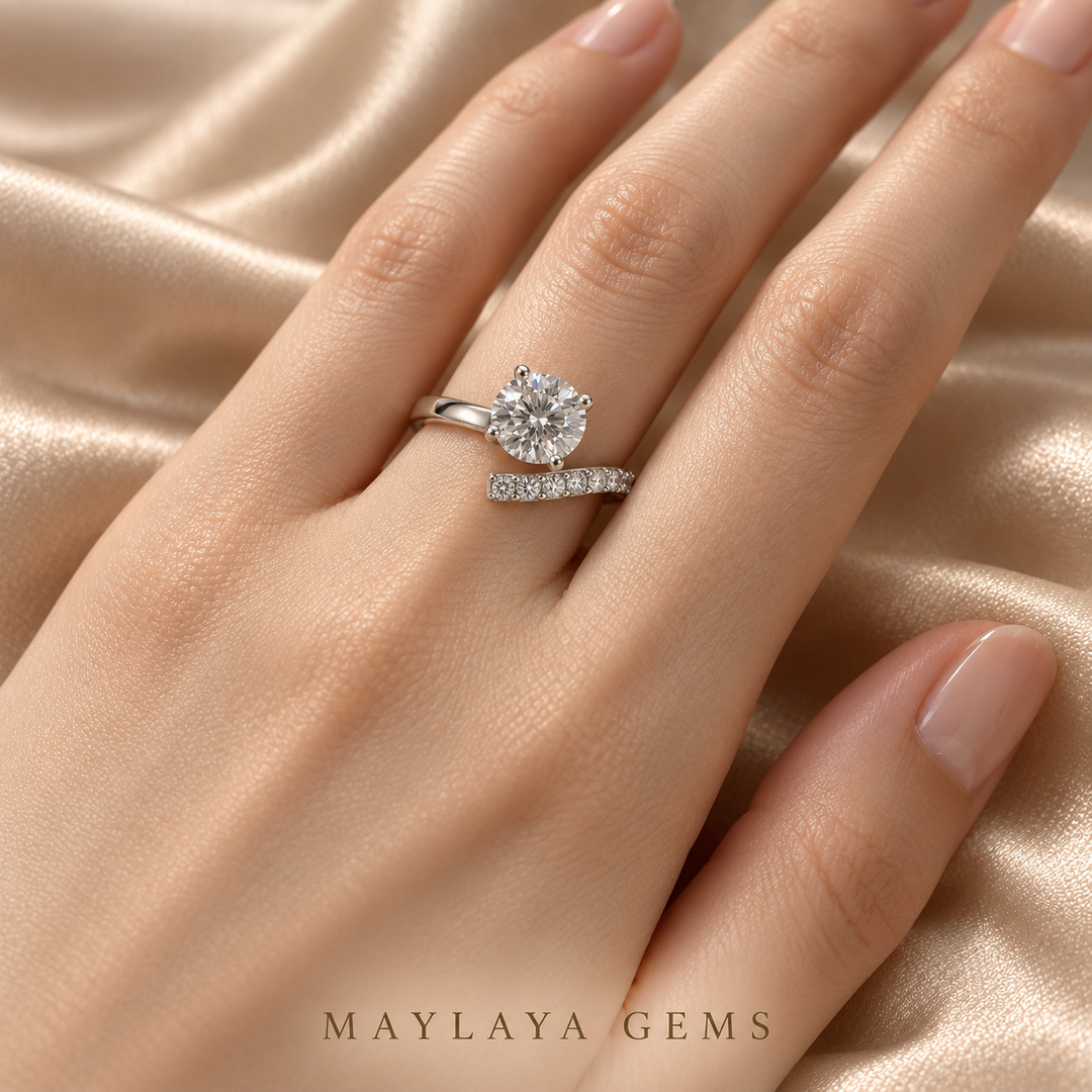 Maylaya Gems M182 ring worn on a model's hand — close-up view