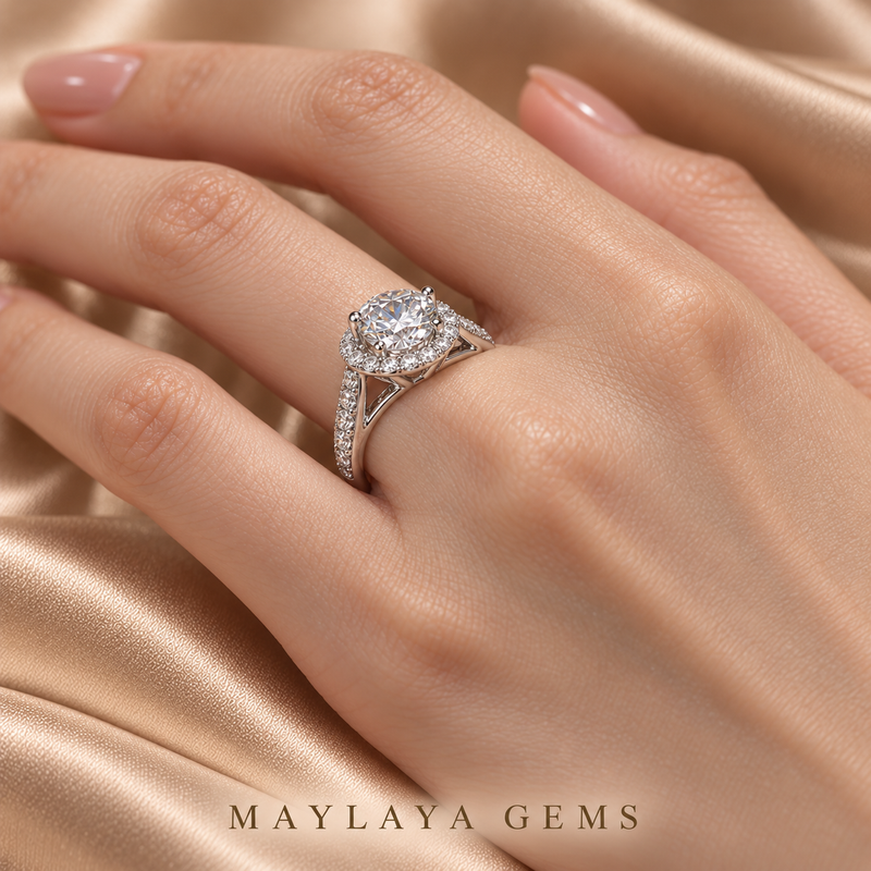 Maylaya Gems M183 ring worn on a model's hand — close-up view