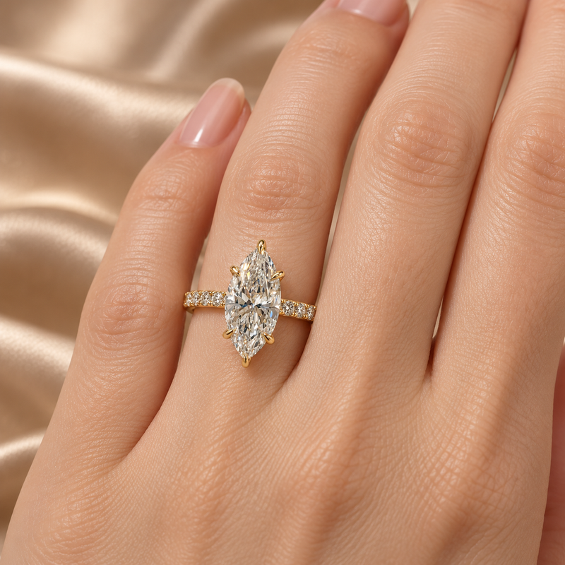 Maylaya Gems M185 ring on a model hand — reference-matched design and natural proportions