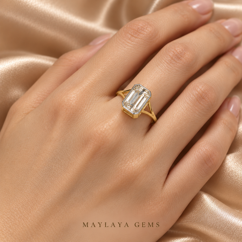 Maylaya Gems M193 emerald-cut diamond ring worn on a model's hand — close-up view