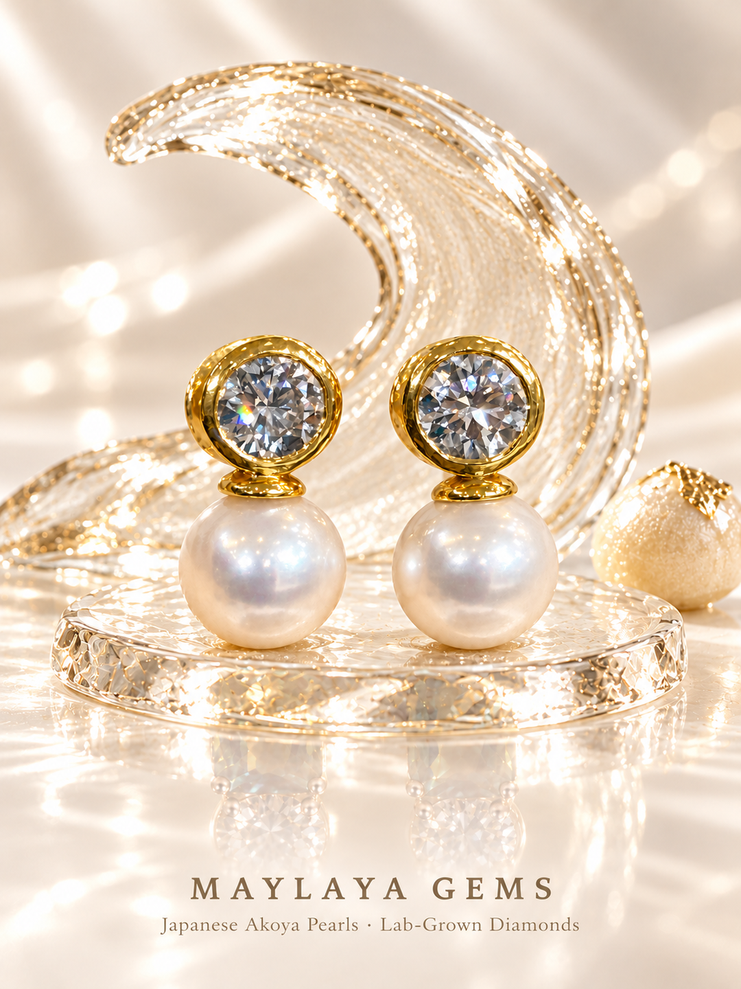 Maylaya Gems MGP1 natural Japanese Akoya pearl and lab-grown diamond earrings — Rock Candy sugar style