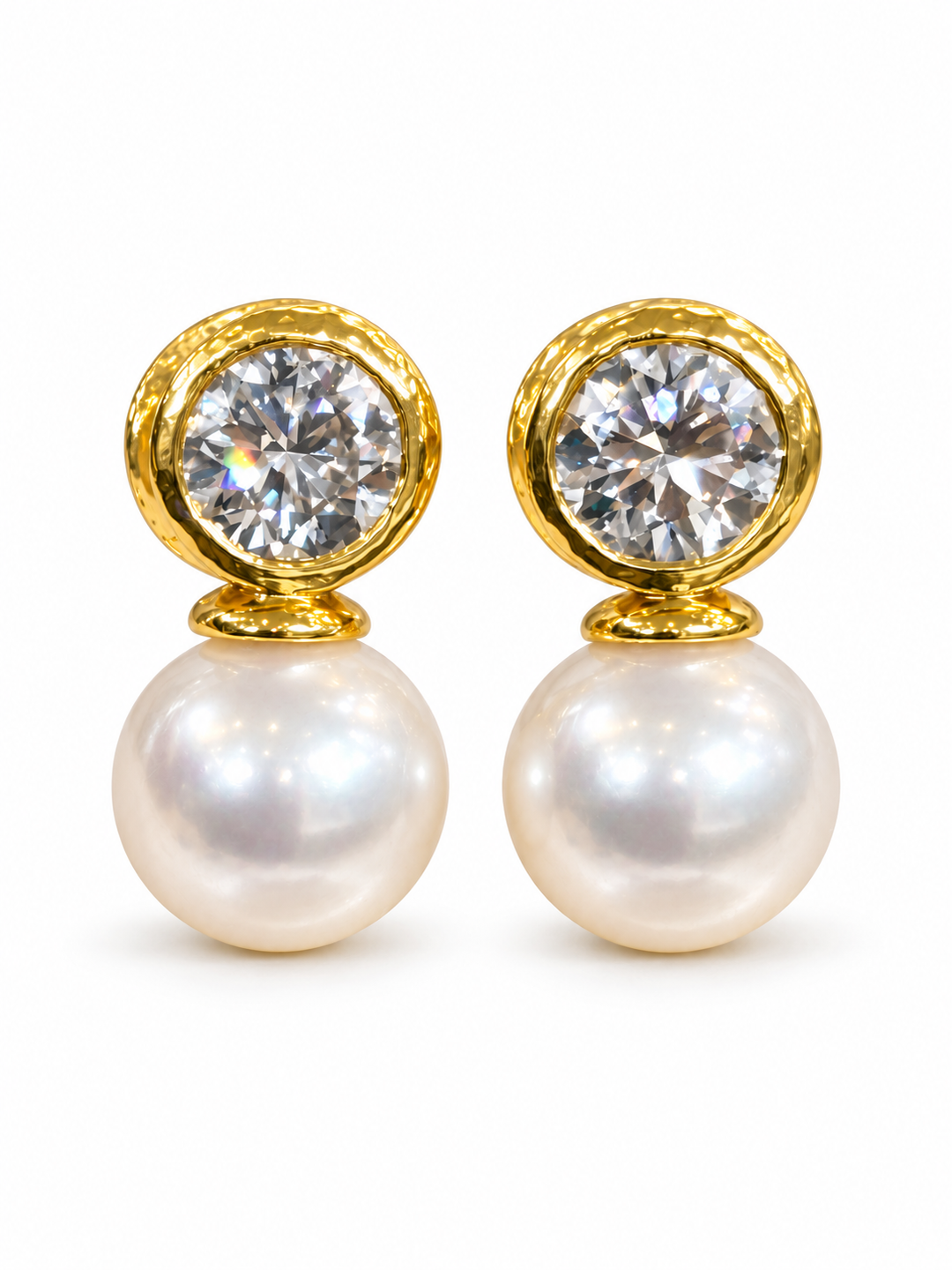MGP1 natural Japanese Akoya pearl and lab-grown diamond earrings on white background
