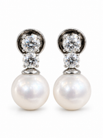 Load image into Gallery viewer, MGP2 natural Japanese Akoya pearl and lab-grown diamond earrings on white background
