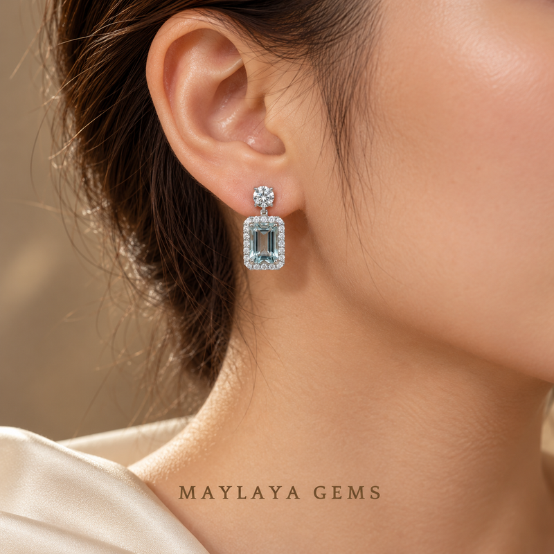 Maylaya Gems MGP7 natural blue gemstone and diamond halo drop earrings worn on ear