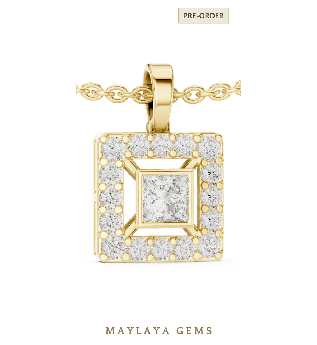 Maylaya gems princess halo lab grown diamond pendant in yellow gold   pendant only, chain not included