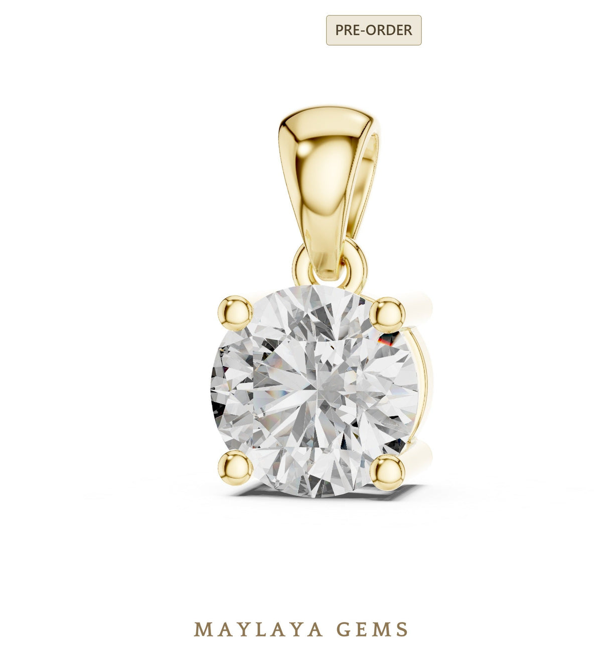 1 ct round lab grown diamond pendant — yellow gold
