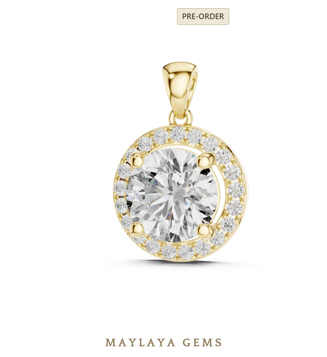 3.22 ct Round Lab-Grown Diamond Pendant — Yellow Gold. Pendant only; chain not included.