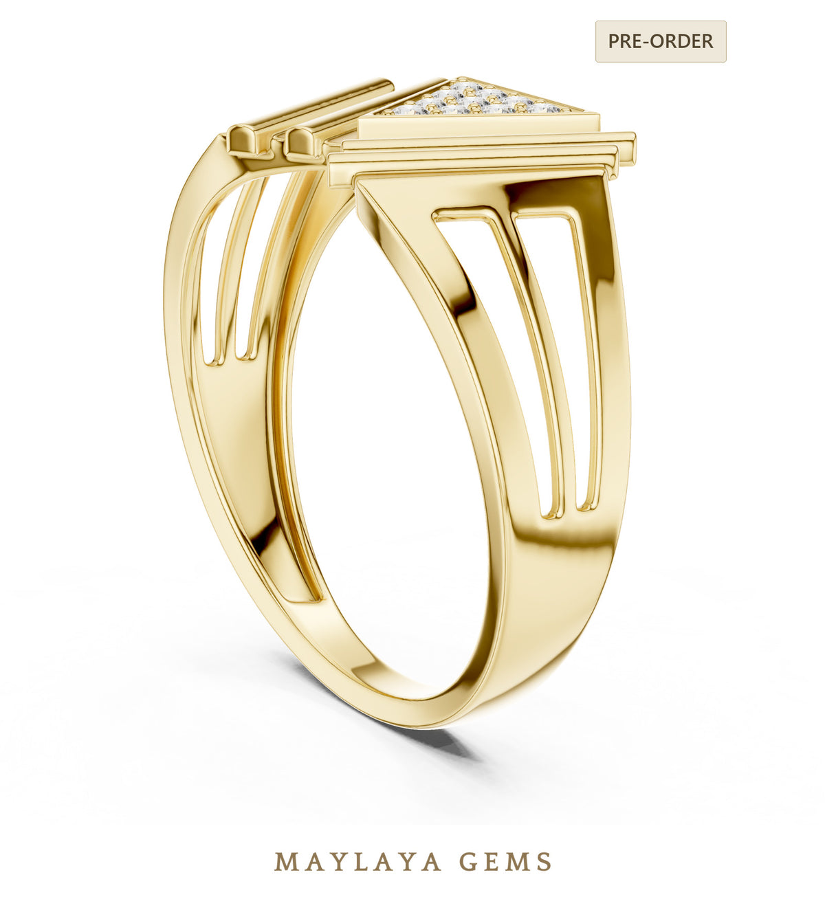 Maylaya gems triangle frame lab grown diamond ring in yellow gold