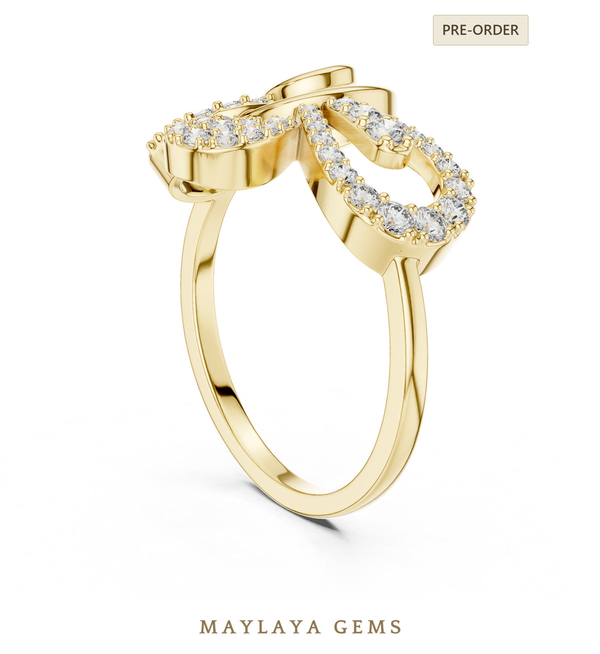 Maylaya gems heart ribbon lab grown diamond ring in yellow gold