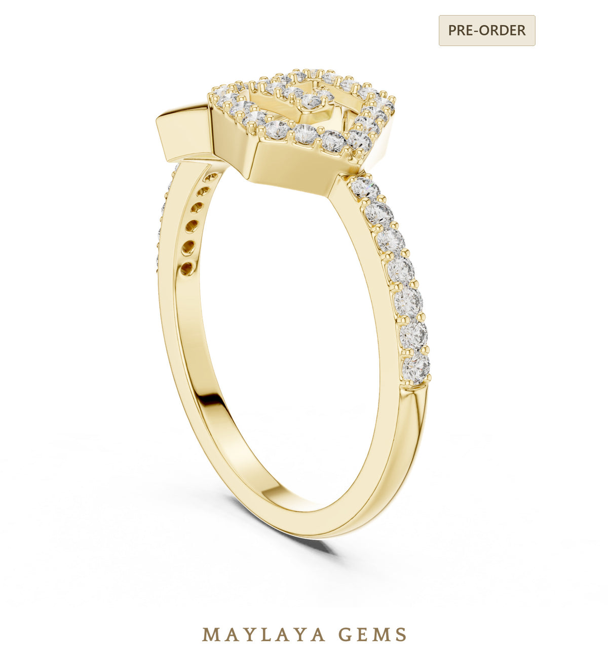 Maylaya gems double heart lab grown diamond ring in yellow gold