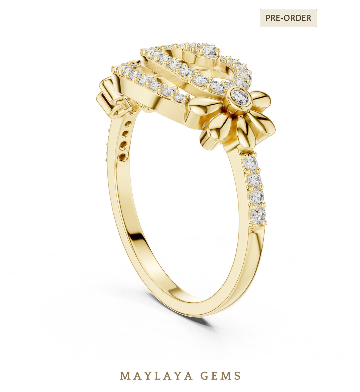 Maylaya gems daisy ribbon lab grown diamond ring in yellow gold