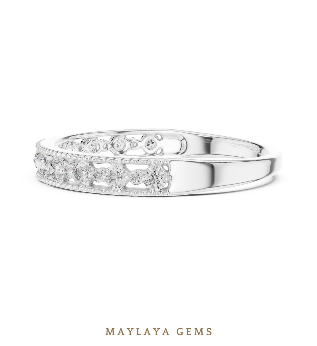 Maylaya Gems milgrain alternating round lab-grown diamond band in white gold