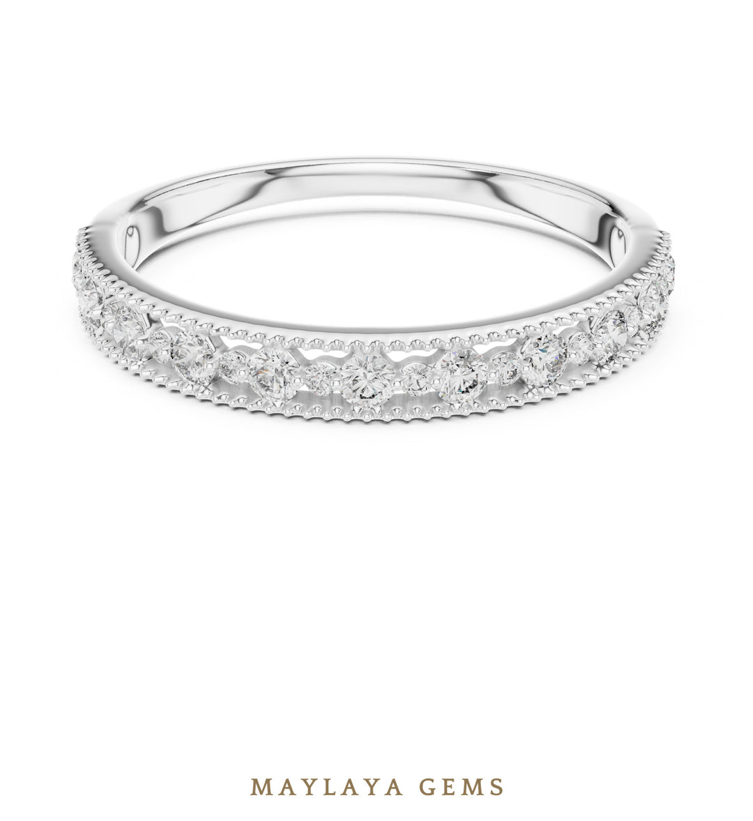 Maylaya Gems milgrain alternating round lab-grown diamond band in white gold