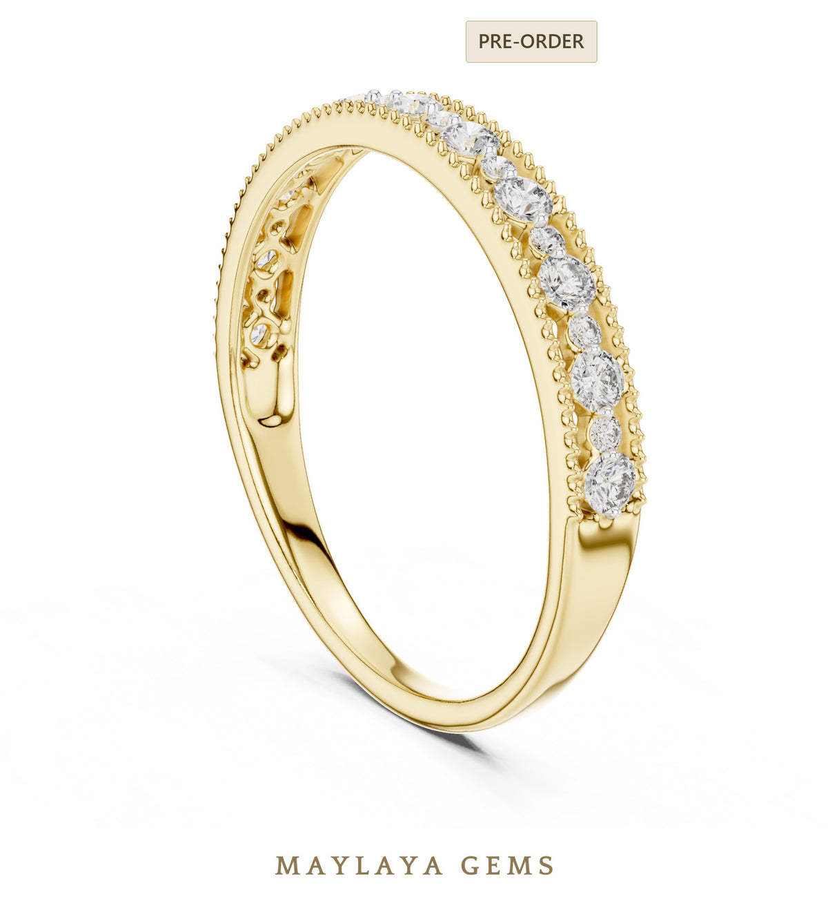 Maylaya gems milgrain alternating round lab grown diamond band in yellow gold