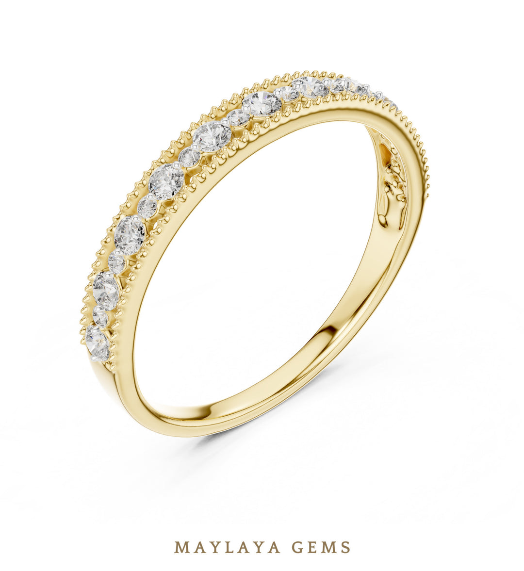 Maylaya Gems milgrain alternating round lab-grown diamond band in yellow gold