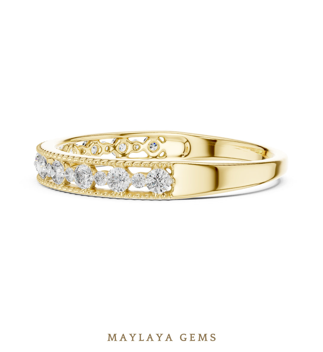 Maylaya Gems milgrain alternating round lab-grown diamond band in yellow gold