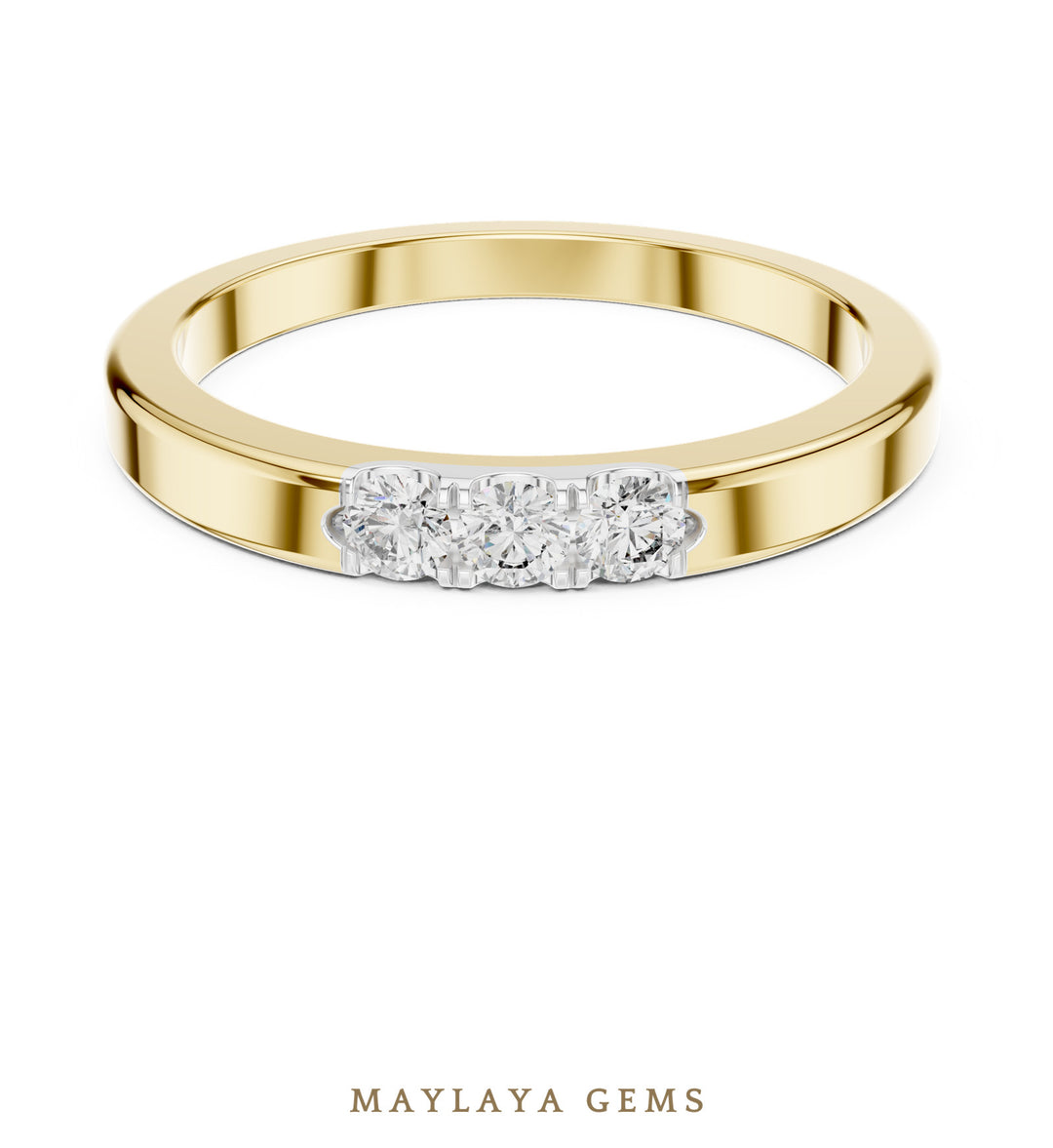 Maylaya Gems three round lab-grown diamond band in yellow gold