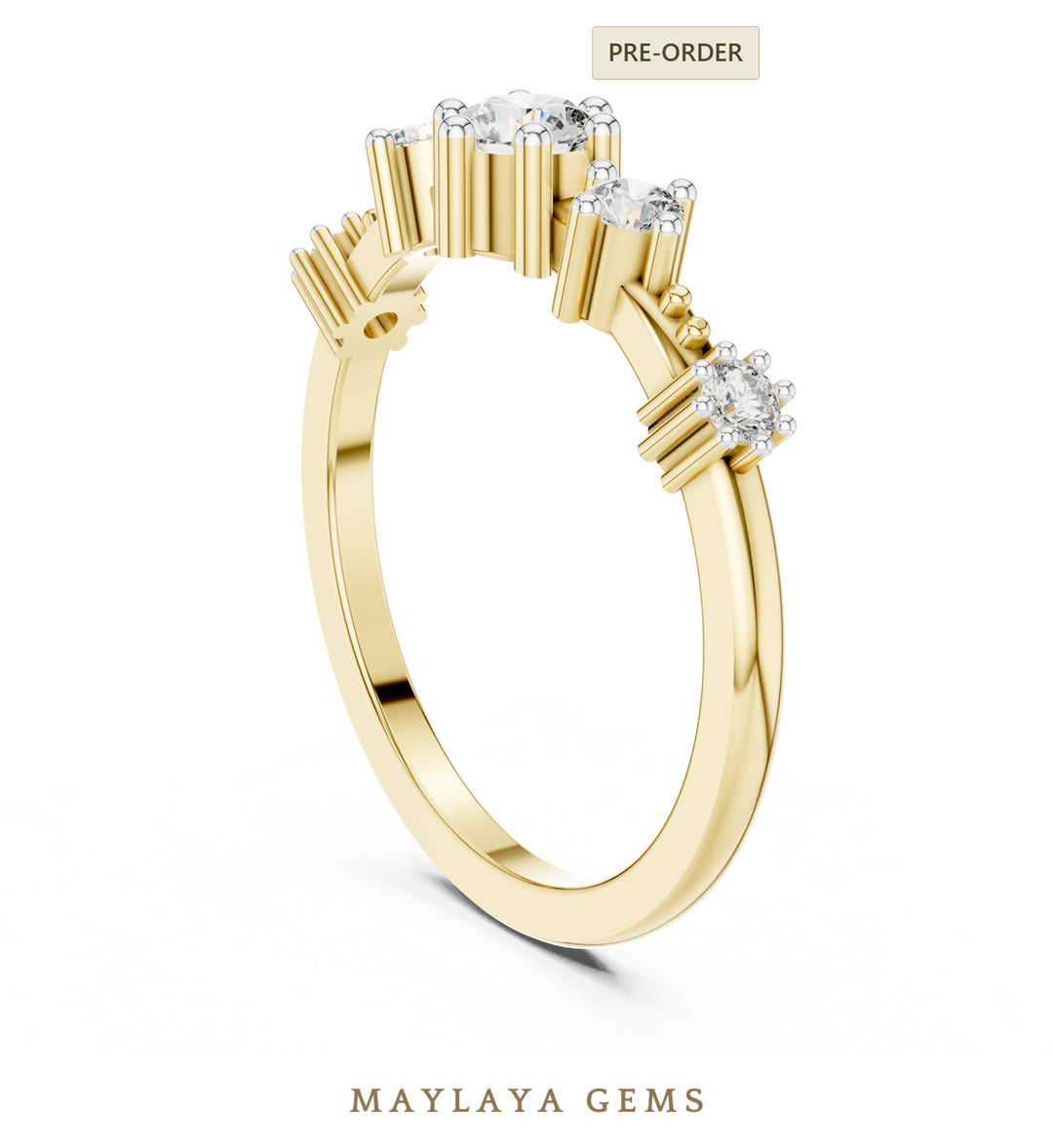 Maylaya Gems graduated five round lab-grown diamond band in yellow gold