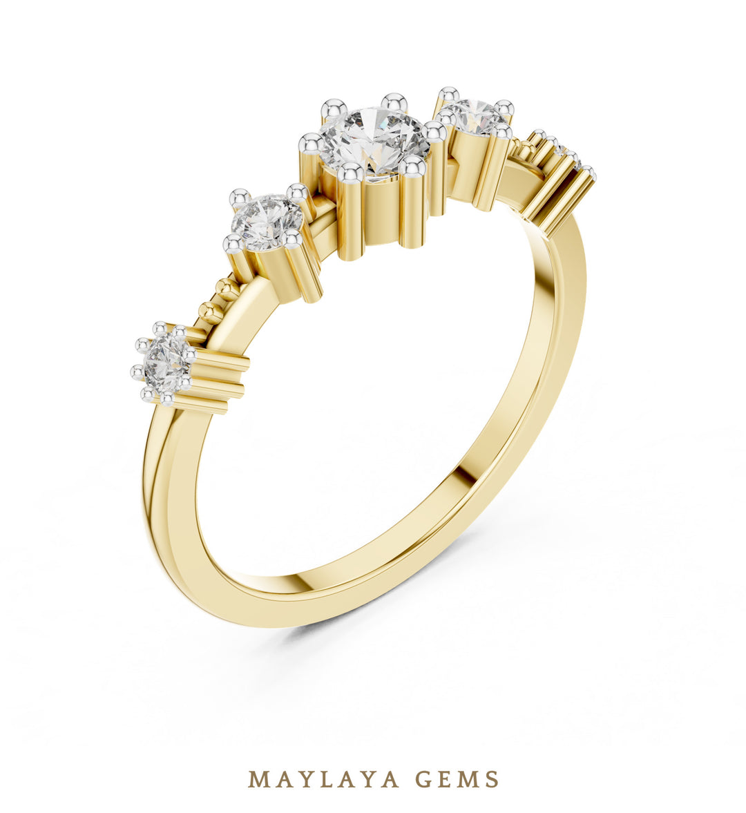 Maylaya Gems graduated five round lab-grown diamond band in yellow gold