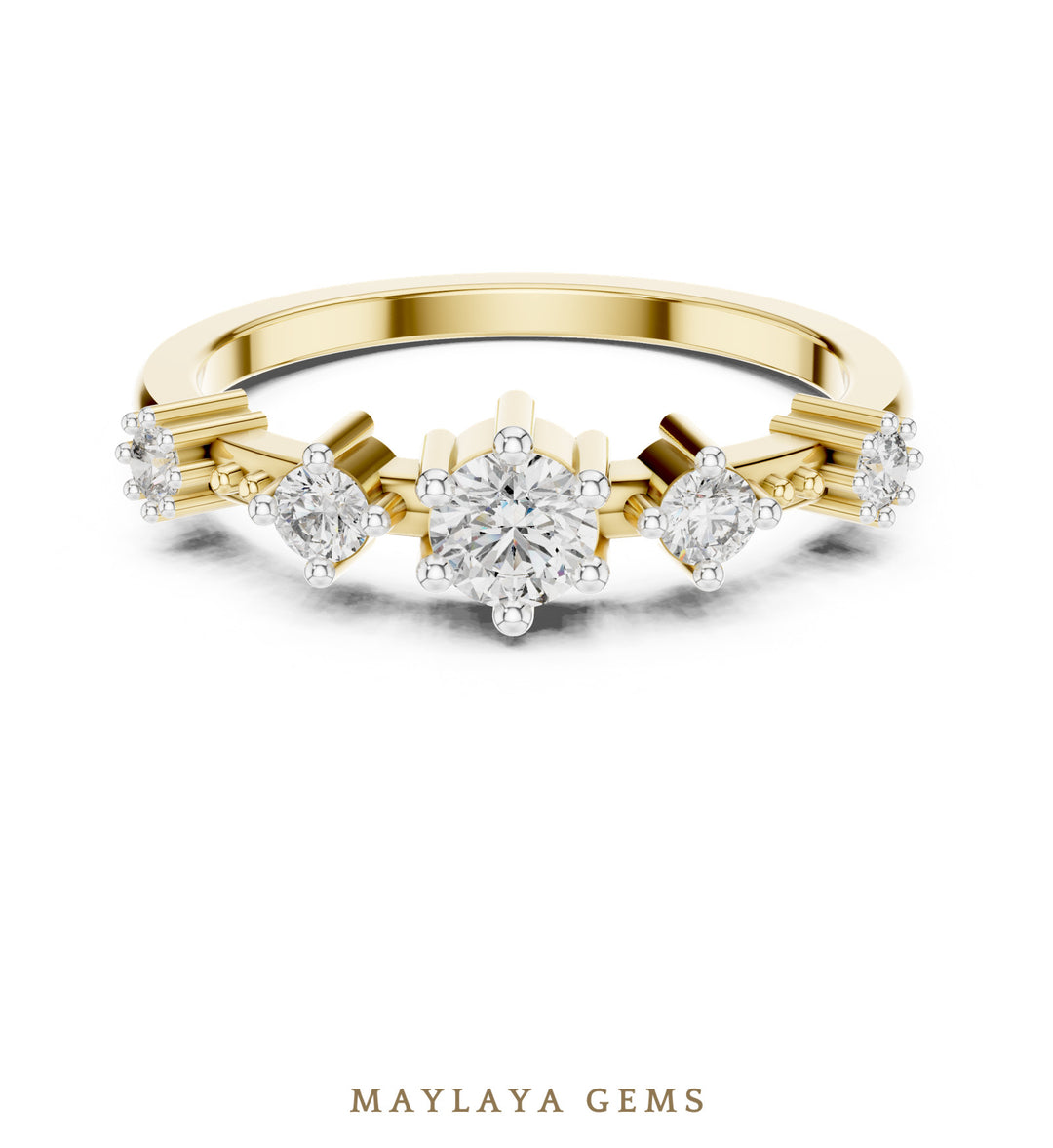 Maylaya Gems graduated five round lab-grown diamond band in yellow gold