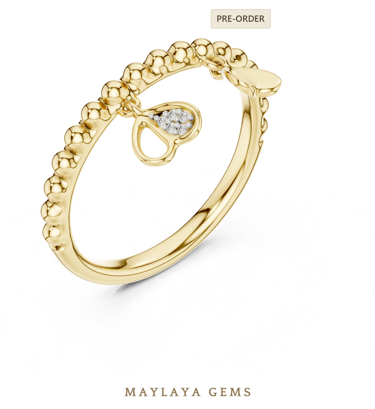 Maylaya gems beaded heart charm lab grown diamond ring in yellow gold
