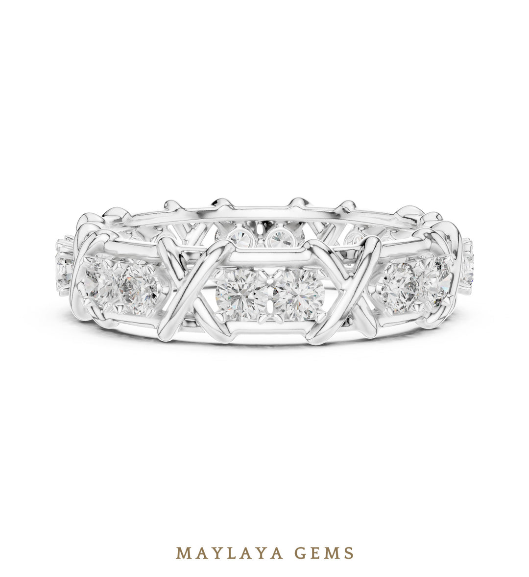 Maylaya Gems cross link eternity band lab-grown diamond band in white gold