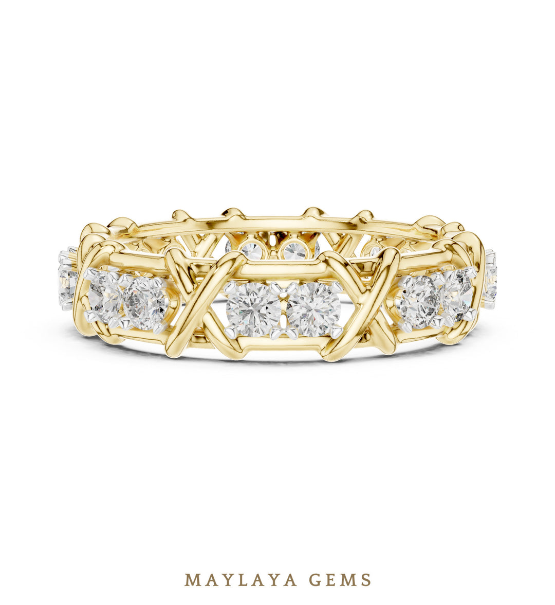Maylaya Gems cross link eternity band lab-grown diamond band in yellow gold