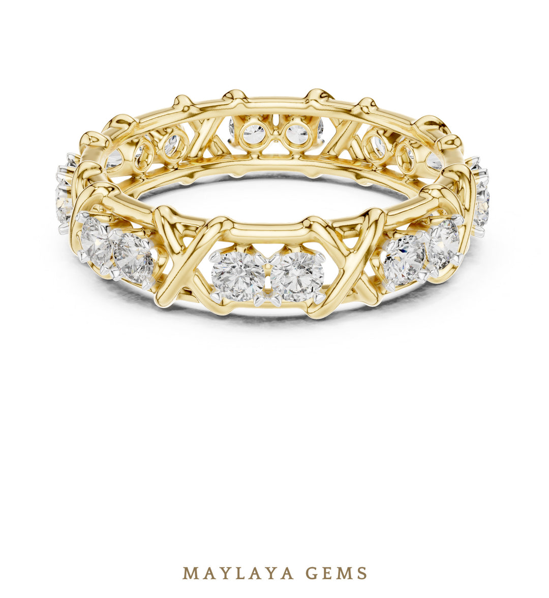 Maylaya Gems cross link eternity band lab-grown diamond band in yellow gold