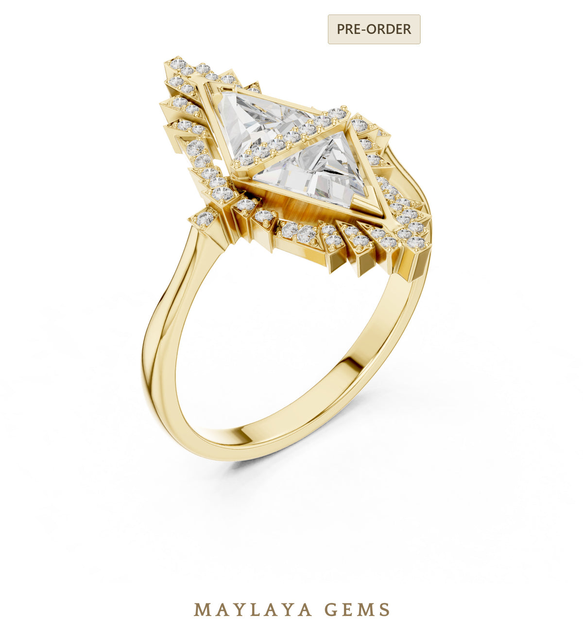 Maylaya gems triangle geometric toi et moi lab grown diamond ring in yellow gold