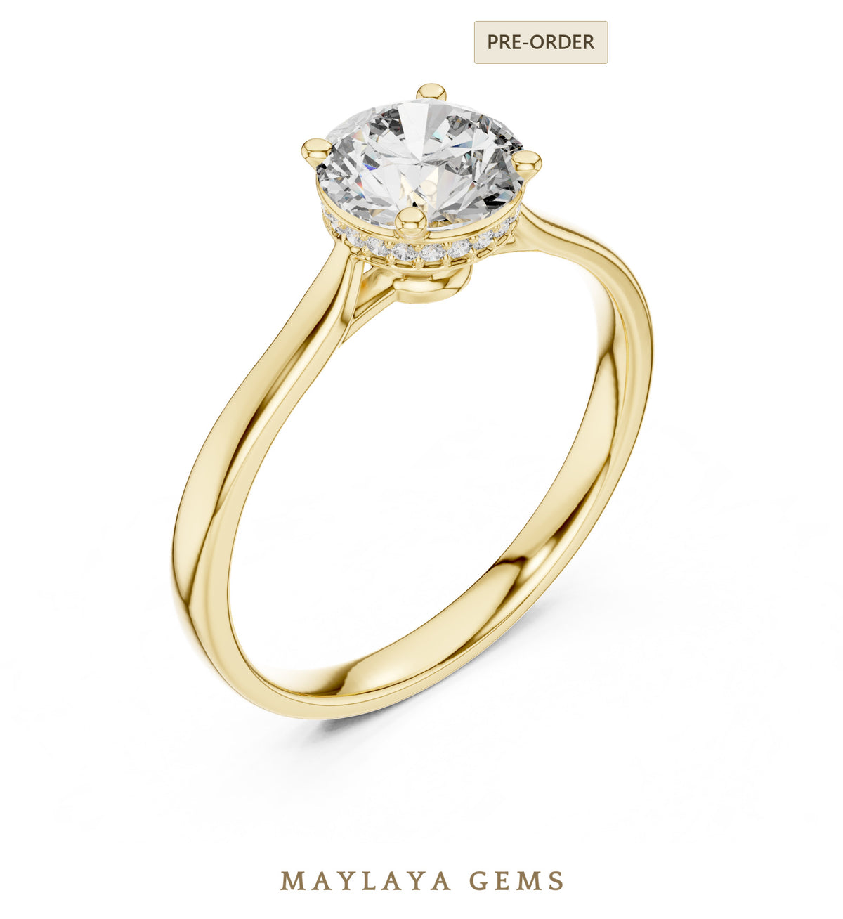 Maylaya gems round hidden halo lab grown diamond ring in yellow gold