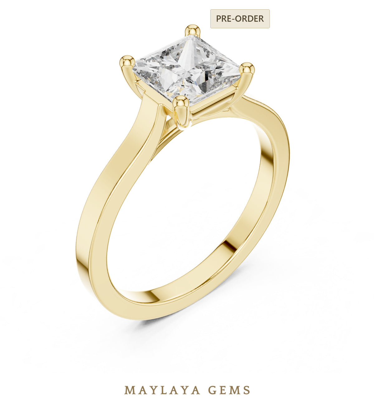 Maylaya gems princess solitaire lab grown diamond ring in yellow gold