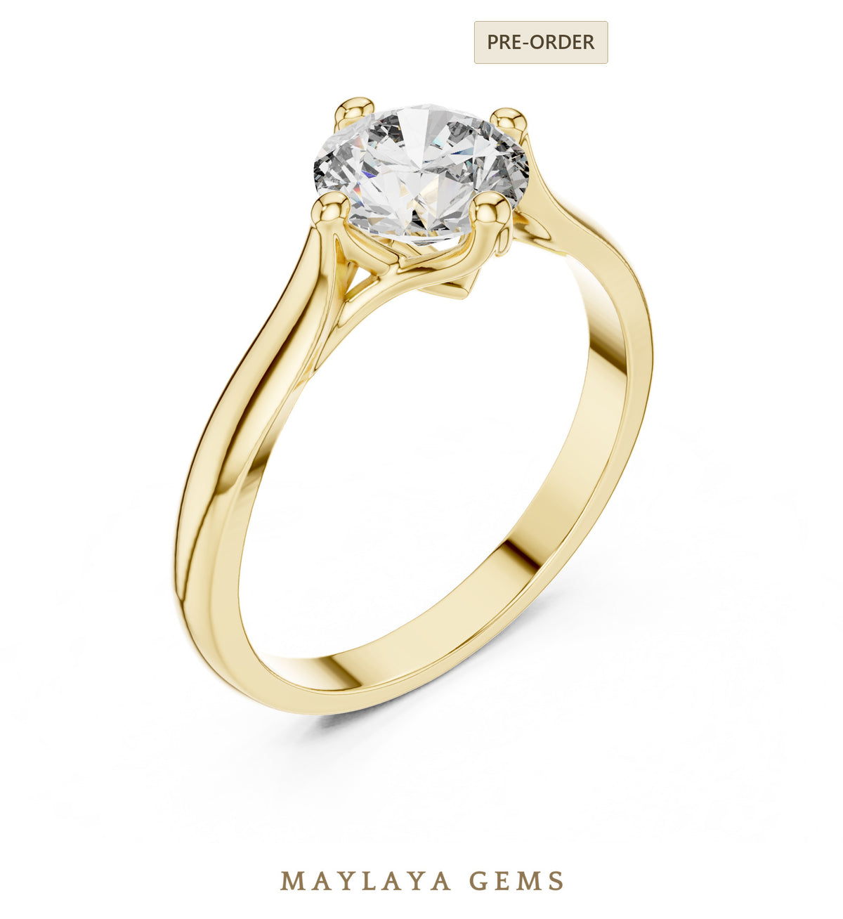 Maylaya gems round open cathedral solitaire lab grown diamond ring in yellow gold