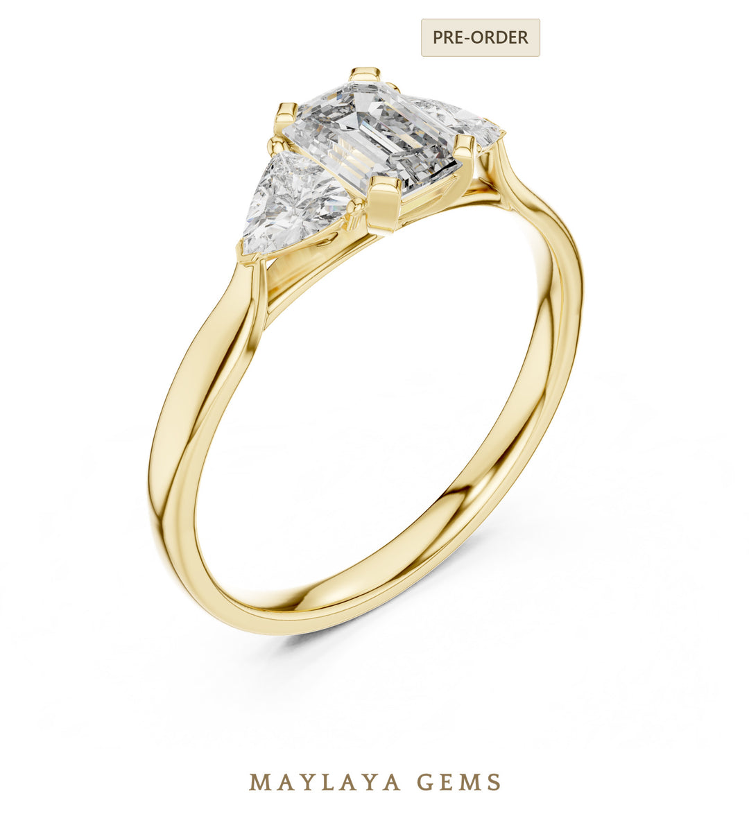 Maylaya Gems emerald trillion trilogy lab-grown diamond ring in yellow gold