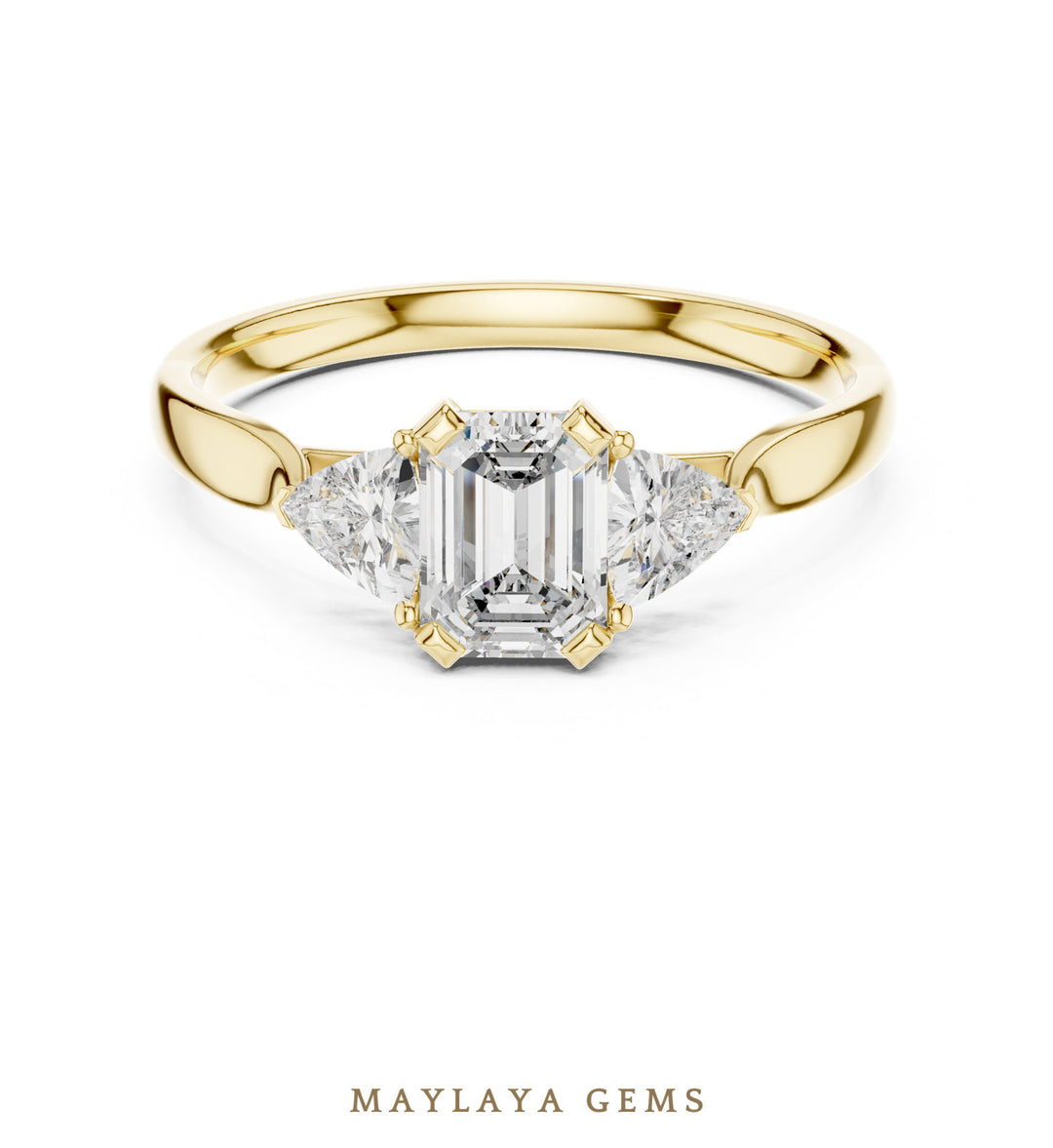 Maylaya Gems emerald trillion trilogy lab-grown diamond ring in yellow gold
