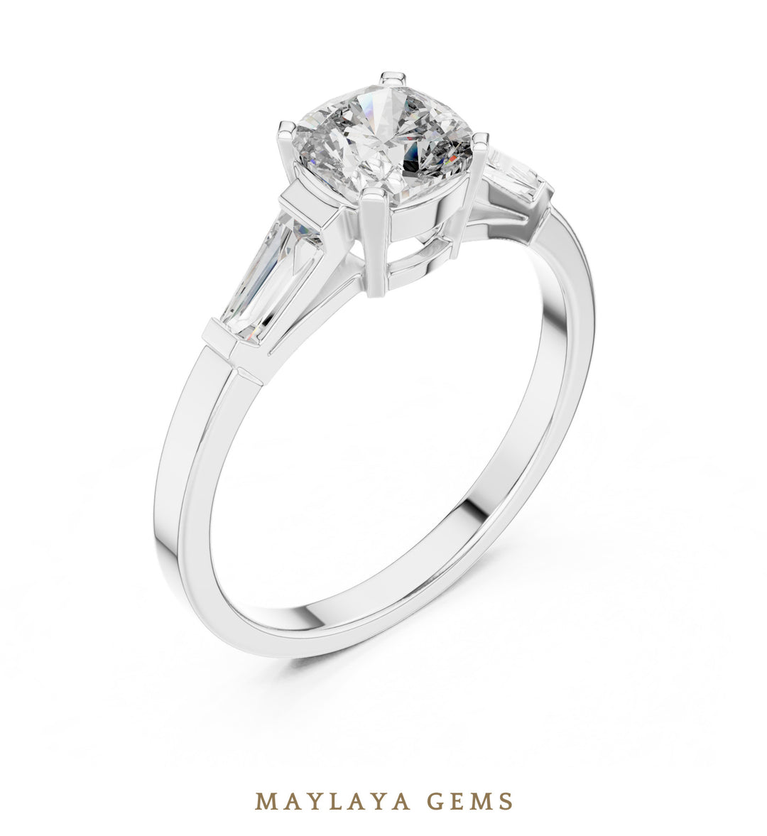 Maylaya Gems cushion baguette trilogy lab-grown diamond ring in white gold