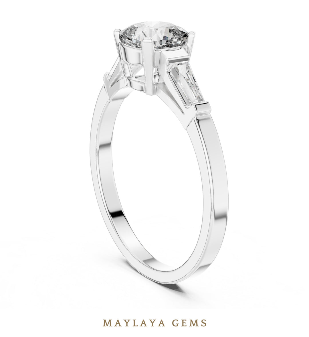 Maylaya Gems cushion baguette trilogy lab-grown diamond ring in white gold