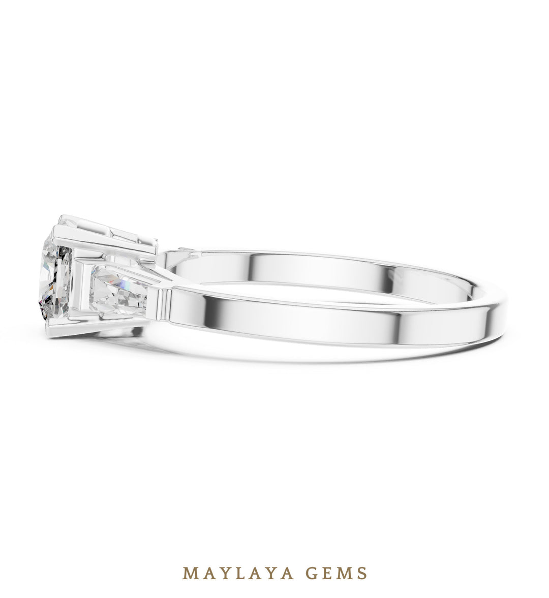 Maylaya Gems cushion baguette trilogy lab-grown diamond ring in white gold