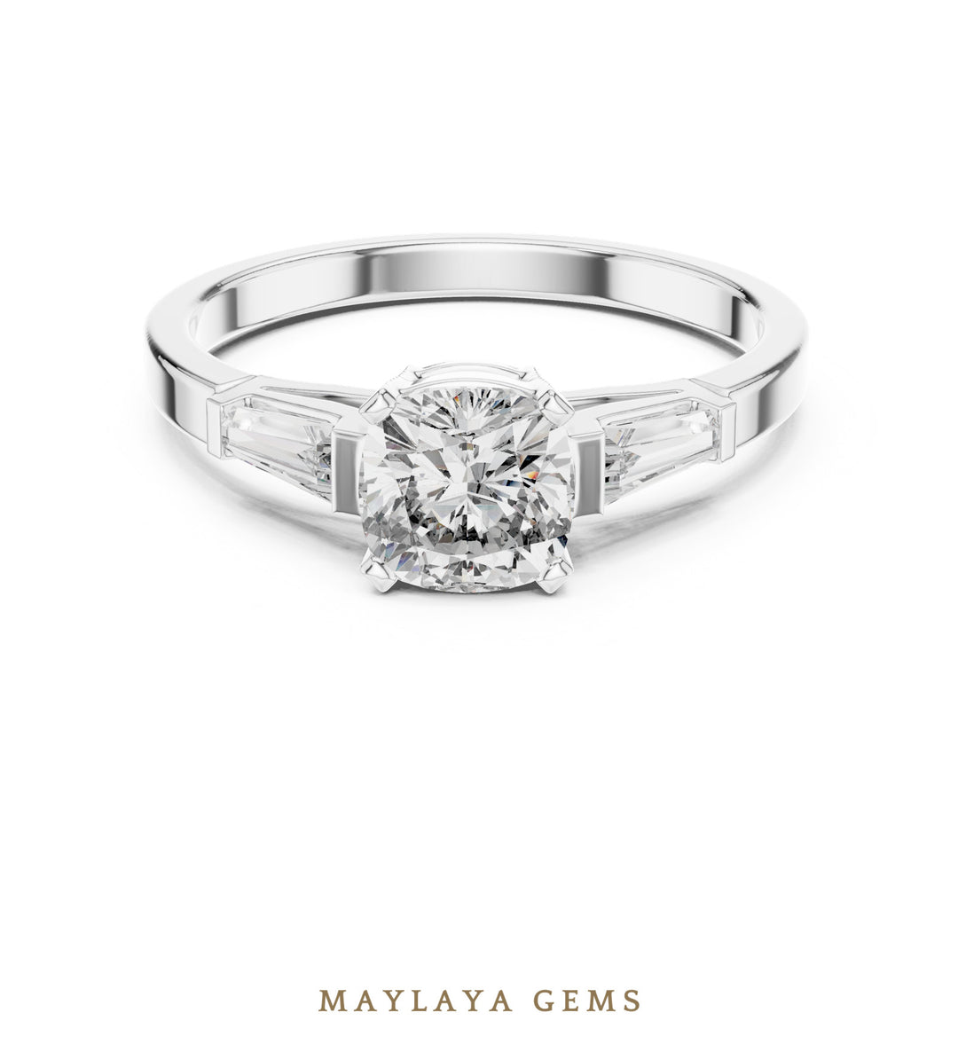 Maylaya Gems cushion baguette trilogy lab-grown diamond ring in white gold
