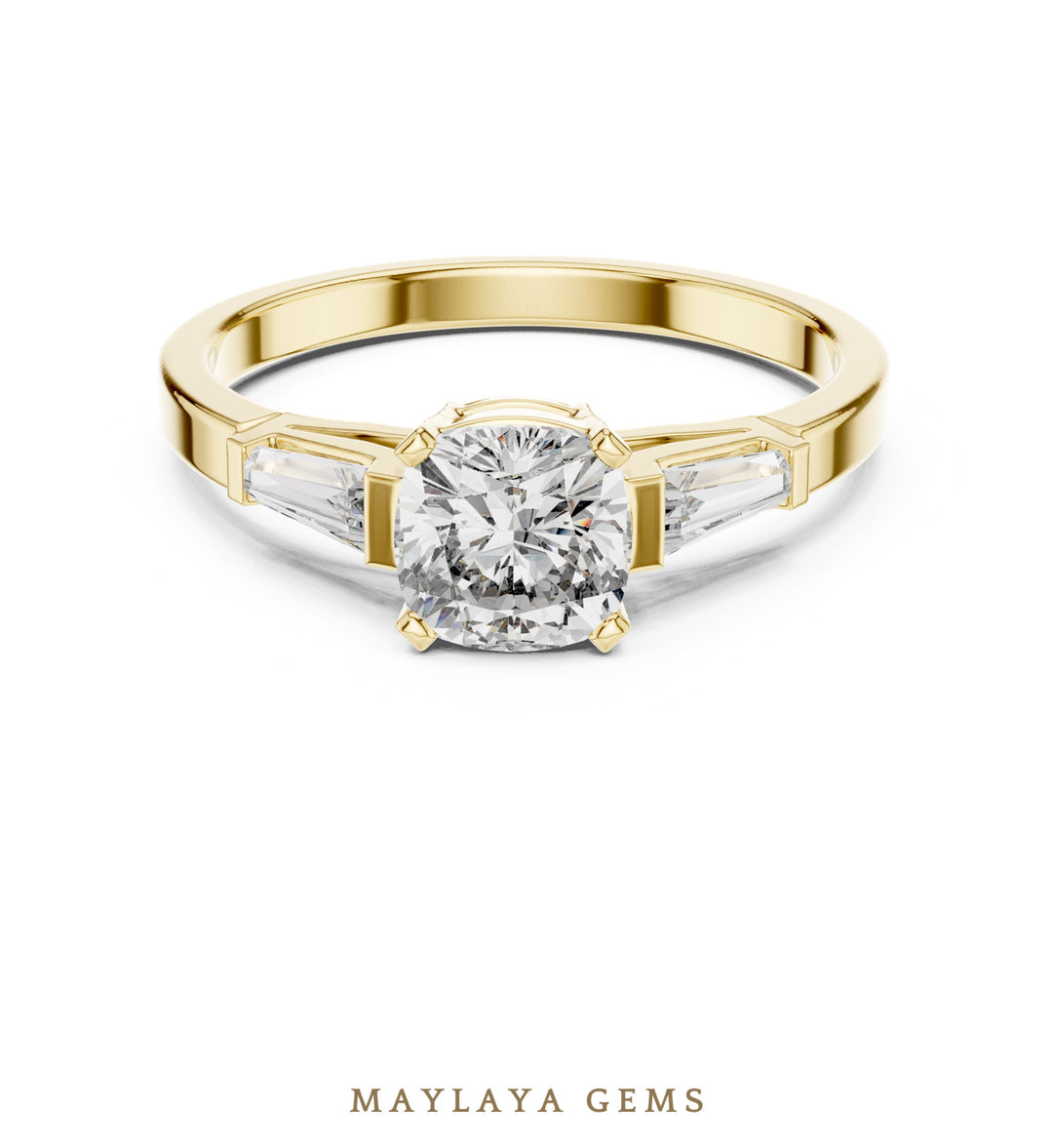 Maylaya Gems cushion baguette trilogy lab-grown diamond ring in yellow gold