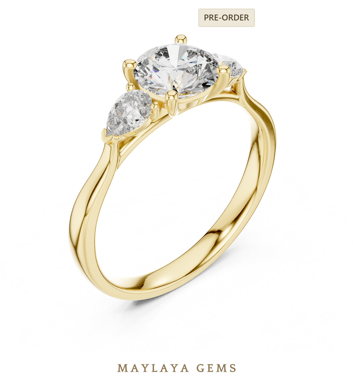Maylaya gems round pear trilogy lab grown diamond ring in yellow gold