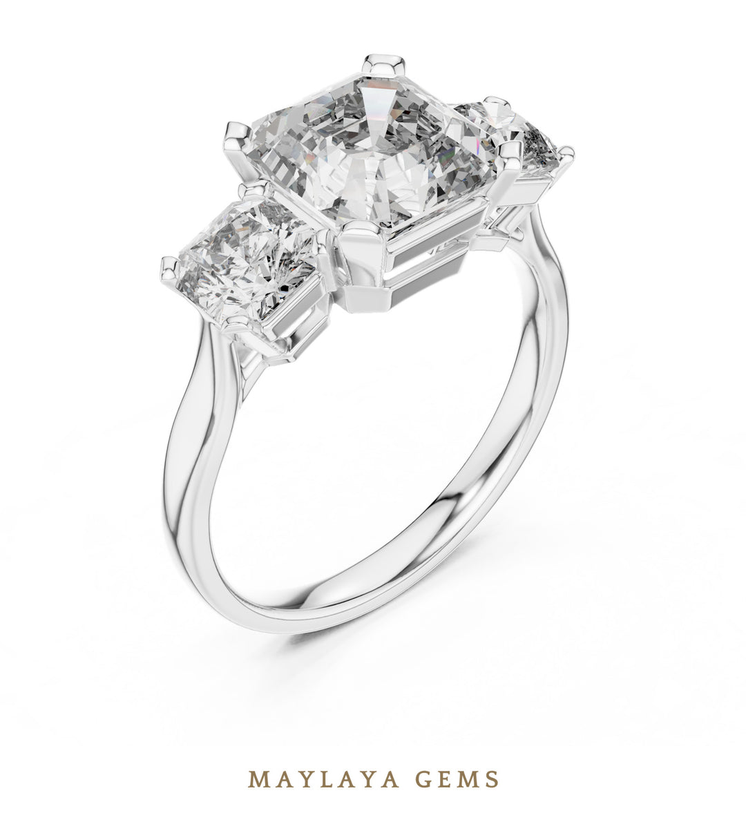 Maylaya Gems square emerald radiant trilogy lab-grown diamond ring in white gold