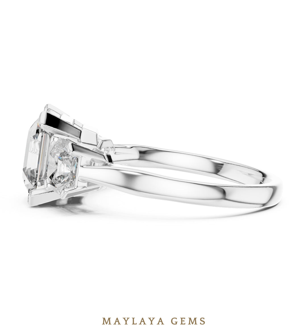 Maylaya Gems square emerald radiant trilogy lab-grown diamond ring in white gold