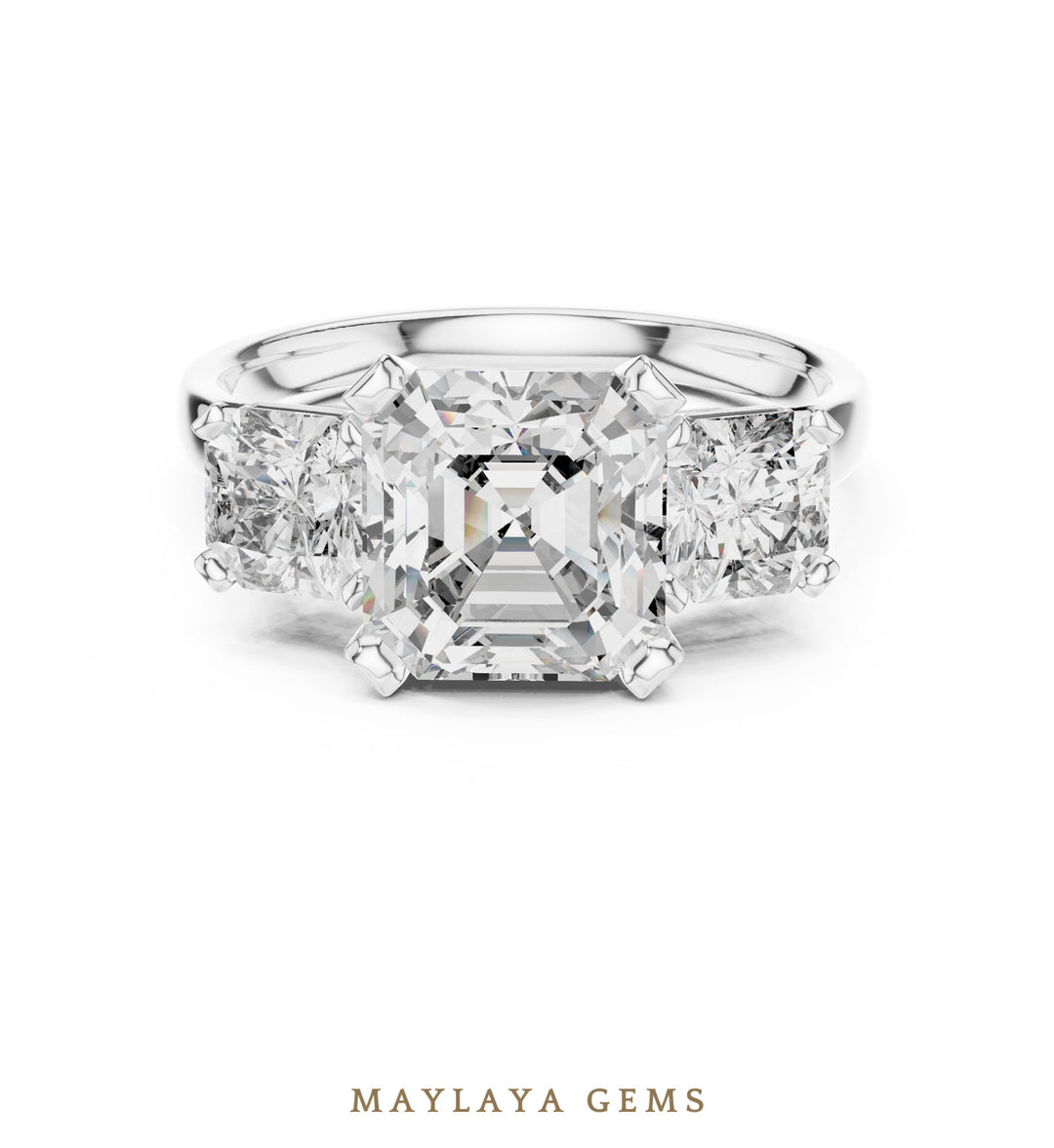 Maylaya Gems square emerald radiant trilogy lab-grown diamond ring in white gold